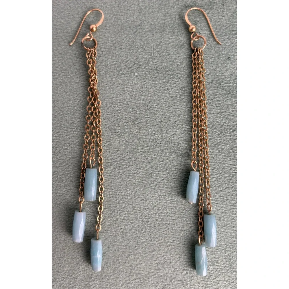 Turquoise Bead Gold Tone‎ Multi Strand Chain Drop Earrings Boho Dangle P122